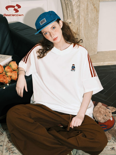 BEETLE TOWN rag-striped striped V-neck short-sleeved T-shirt for women's summer bear series Solona cool top