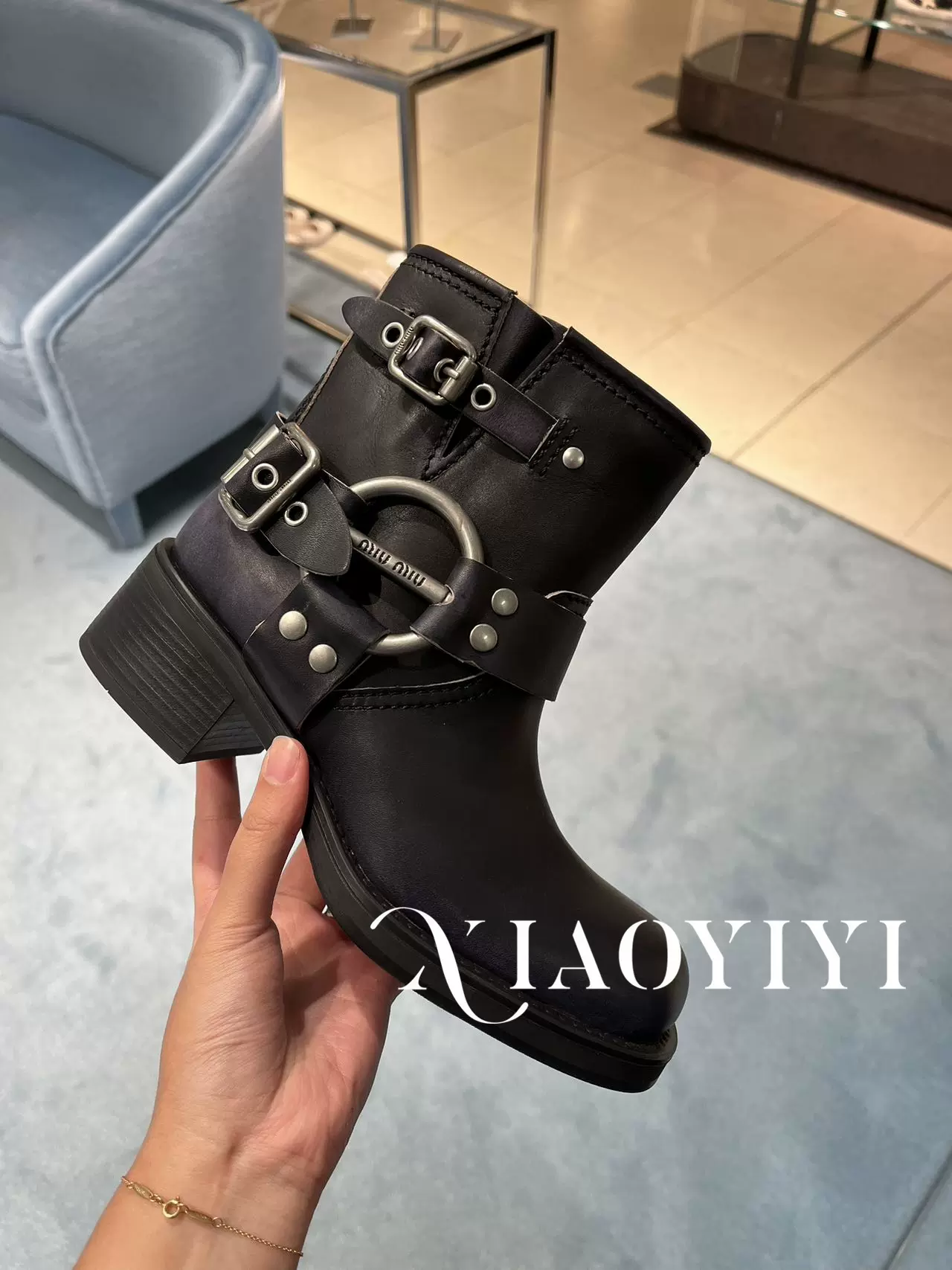 Miumiu缪缪女士短靴23新款皮带扣短筒粗跟机车靴欧洲代购5T953D-Taobao 