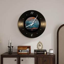 Living Room and Dining Room Decorative Painting with Clock, Silent Clock, Wall Clock, Black Retro Record, High-End Feel, Entrance Cabinet Hanging Painting