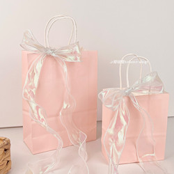 ins Korean-Style Pink Handbag Kraft Paper Bag Simple Solid Color Gift Bag with Iridescent Ribbon Dessert Packaging Bag