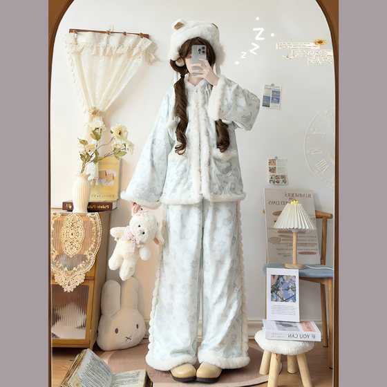 Yujinji [Nuanmiao] Original Hanfu for women plus velvet and thickened Chinese style warm pajamas with cute Chinese elements for autumn and winter