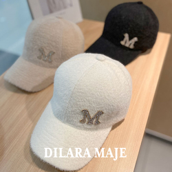 Dilara Maje Hat Women's Plush Baseball Cap Large M Mark Rhinestone Korean Version Autumn And Winter Versatile Casual Peaked Hat Trendy
