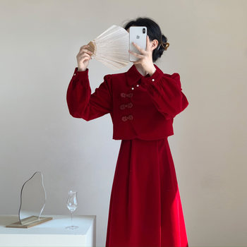 ແບບຈີນແບບໃຫມ່ Cheongsam Red Velvet Dress Velvet ຍິງຊຸດລະດູໃບໄມ້ປົ່ງຊຸດຊັ້ນນ້ອຍ