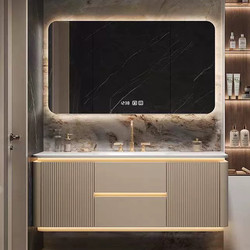 Bathroom Cabinet Set with Integrated Rock Slab Hot-Bent Basin, Solid Wood French Cream Style Washbasin, New Model