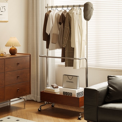 Medieval-Style Coat Rack with Wheels, Movable Bedroom Floor-Standing Household Storage Rack, Living Room Clothes Rack, Double-Layer