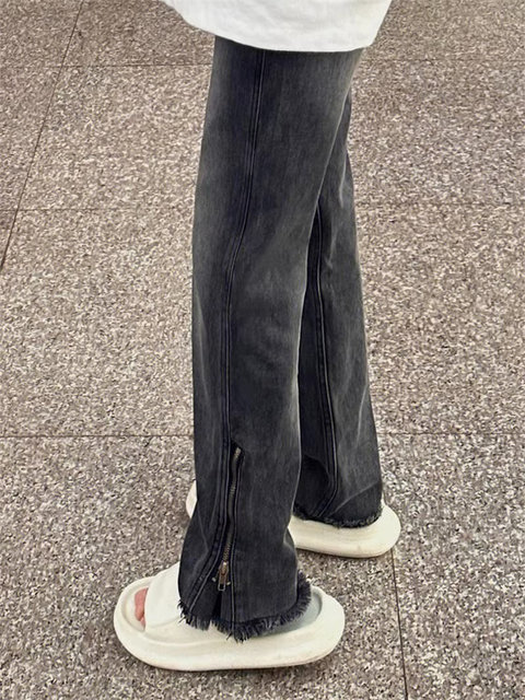 American street hip -hop slice zipper jeans women's spring and autumn loose high waist large size fat mm straight mopped trousers
