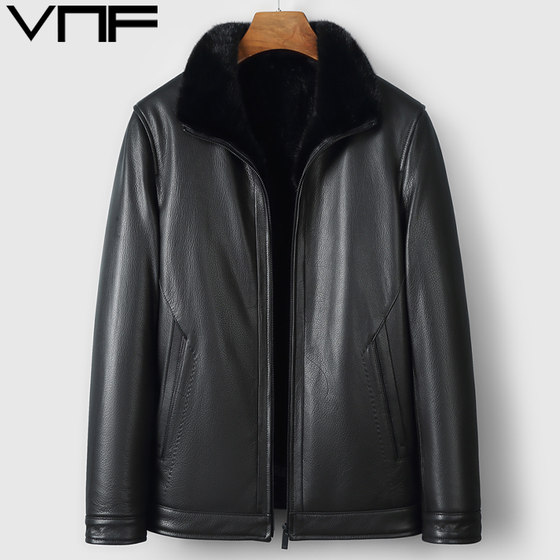 
Haining goatskin leather jacket men's mink lining fur one-piece short mink lapel leather jacket mink coat