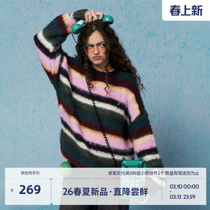 
BEASTER Striped Contrast Color Sweater Men's 2026 Spring New Stitched Plush Pullover Sweater Couple