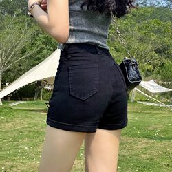 High-Waisted, Hip-Hugging, Rolled-Edge Ultra-Short Denim Shorts for Women, 2026 Summer New Style, Stretchy Black Slimming Hot Pants for Sexy Girls