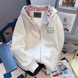 Girls' Korean Style Lazy and Cute Cat Sweatshirt Jacket, Spring, Autumn and Winter, Stylish Plaid Patchwork Hooded Cardigan Top