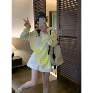 
Love Devil Fish Long-sleeved striped hooded mid-length T-shirt for women 2026 spring and summer new fashion loose top