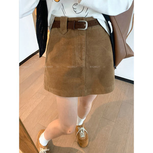 
Love Devil Fish Coffee-colored belted pure cotton skirt for women 2025 autumn and winter new high-waist slim A-line skirt