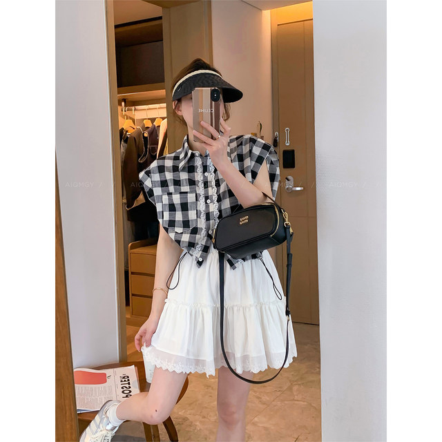 Love Devil Fish Retro Lace Lace Spliced ​​Plaid Shirt Women's New Summer Sleeveless Top