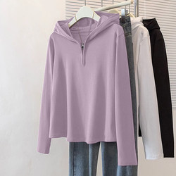 Plus-Size Hooded Long-Sleeve T-Shirt for Women, Pure Cotton, Autumn, Slimming, Casual, Versatile, Stylish, Half-Zip Base Shirt