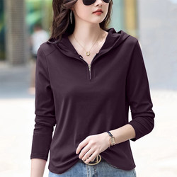 Pure Cotton Fashionable Half-Zip Hooded Long-Sleeve T-Shirt for Women, Loose Casual Simple Versatile Plus-Size Base Layer Top for Autumn