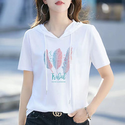 2026 Summer New Thin Pure Cotton Hooded Short-Sleeve T-Shirt for Women, Plus Size, Loose and Versatile, Slimming for Plus-Size Women