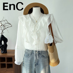 Yilian Group's Fairy-Like Ruffled White Shirt for Women, Made of Lyocell, Tencel, and Linen, French-Style, Upper-Class Style Top for Spring