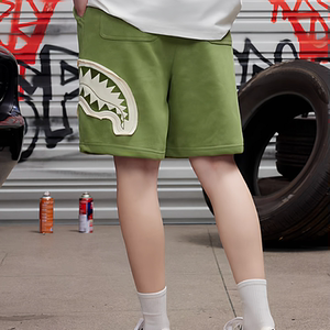 
Shark mouth embroidered patch shorts men's summer trendy casual straight pants washed tie-dyed sports pants five-quarter pants