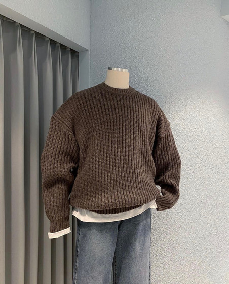 
WEERE men's pullover sweater simple Korean style sweater round neck loose retro top sweater