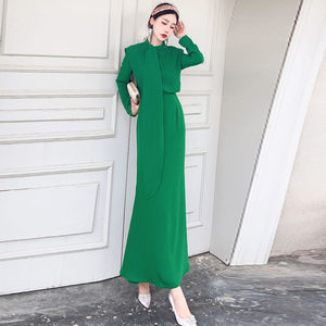 
Green design long-sleeved dress for women in autumn and winter new high-waisted slim and draped temperament waist-hugging fish tail long skirt