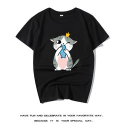 Small fresh student simple daily Japanese pure cotton short-sleeved pet crown cat cartoon eating fish cat trendy brand T-shirt summer t