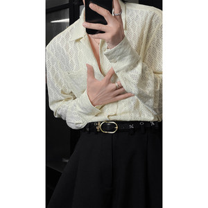 
Longbaodao new retro hollow design long-sleeved shirt masculine style simple high-end loose casual shirt