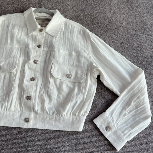 European single new spring style for girls, fashionable white linen, shoulder-loose short style, work jacket
