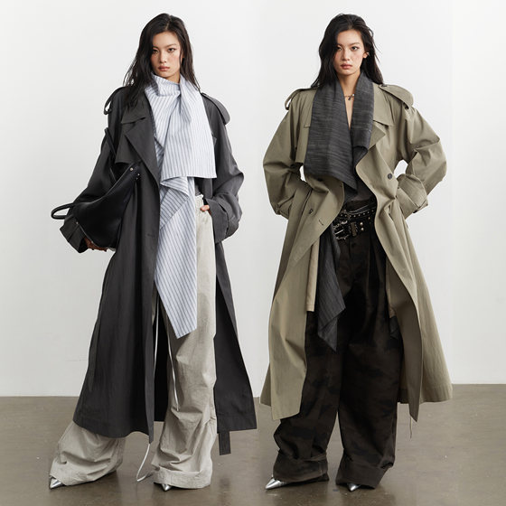 
JNYLON-25AW urban nomadic style minimalist and relaxed fake two-piece removable collar contrasting long windbreaker