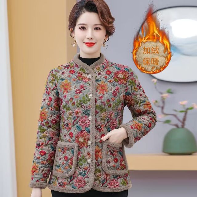 Mom's winter clothes plus velvet jacket for middle-aged and elderly women's winter fashionable short cotton jacket for women's thin and warm small cotton jacket