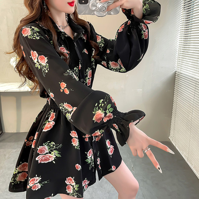 Pink printed mid-length French shirt top for women large size elastic waist ruffle flared sleeve chiffon shirt spring