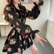 Pink printed mid-length French shirt top for women large size elastic waist ruffle flared sleeve chiffon shirt spring