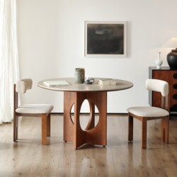 French retro dining table and chairs, round solid wood travertine slate table, antique style designer living room small apartment dining table