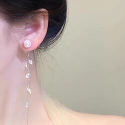 Diamond Flower Vine High-End Pearl Tassel 925 Silver Earrings for Women, Elegant Non-Pierced Mosquito Coil Ear Clips