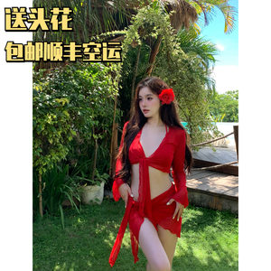 Mosricci pure desire big red and white sexy Bikini four -piece swimsuit female long sleeves to cover meat vacation
