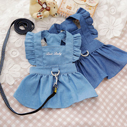 Pet Clothes for Cats, Teddy Dogs, Spring and Summer Dresses, Faux Denim Dress with Leash Clip and Leash Ring
