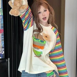 Plus-Size Women's 150kg Korean-Style Patchwork Striped Long-Sleeve T-Shirt, New Autumn Loose Fit Slimming Burger Top Trendy