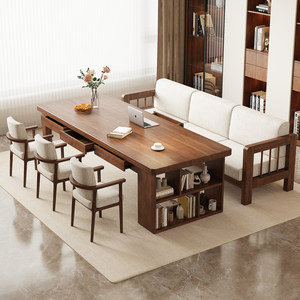 
Go to the living room with a solid wood large desk and bookcase integrated with drawers, a long table with a sofa, a home office desk, a large board table