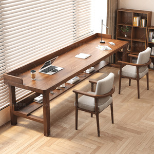 
Solid wood long table, living room desk, bookshelves integrated with medieval style study desk, office desk with socket computer desk