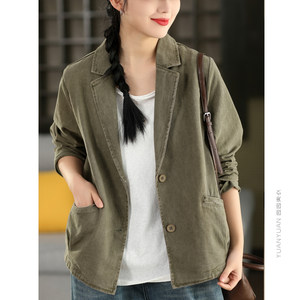 
Yuanyuan Meiyi retro fried color 100% cotton blazer women's spring style artistic lapel long-sleeved cardigan outer top