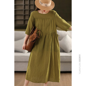 园园美衣复古莱赛尔苎麻连衣裙气质高腰抽绳大摆裙文艺宽松长裙1