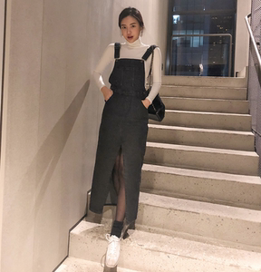 
Korean Ins Internet celebrity slit mid-length denim strap skirt Korean style student slim high waist casual dress for women