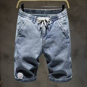 Summer Elastic Waist Denim Shorts for Men's Korean Loose and Thin Horse Pants with Elastic Waist New Trendy Brand 5/4 Pants