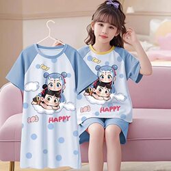 Girls' Pajamas Summer Pure Cotton Thin Short-Sleeved Kidsren's Nightgown Set Spring, Autumn and Summer Style Girls' Baby Home Clothes