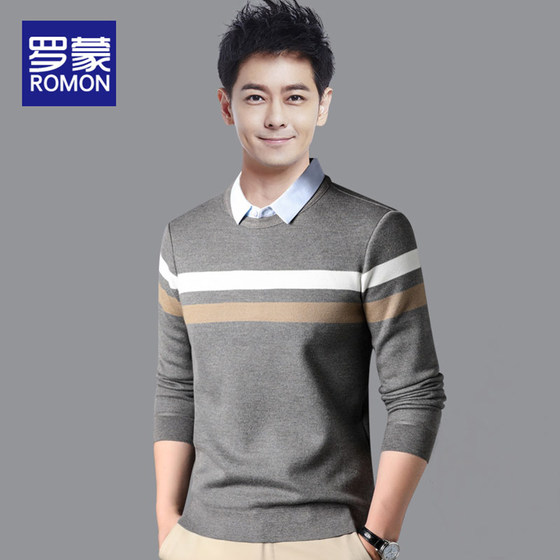 
Romon Men's Long Sleeve T-Shirt Fake Two-Piece Shirt Collar Sweater 2026 Spring Fashion Lapel Sweater Top Clothes