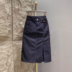 
Black side slit denim skirt for women 2025 spring new elastic high waist temperament hip-covering slim A-line long skirt