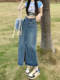 Retro denim skirt for women in summer 2025 new high-waist loose slim A-line slit straight hip skirt
