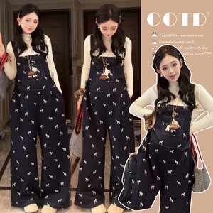 
Pregnant women autumn and winter suit fashionable pony print plus velvet overalls large size knitted bottoming shirt 2025 Korean version for women