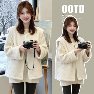 
Pregnant women's winter relaxed casual style vest 2025 lazy knitted loose top suit leggings three-piece set