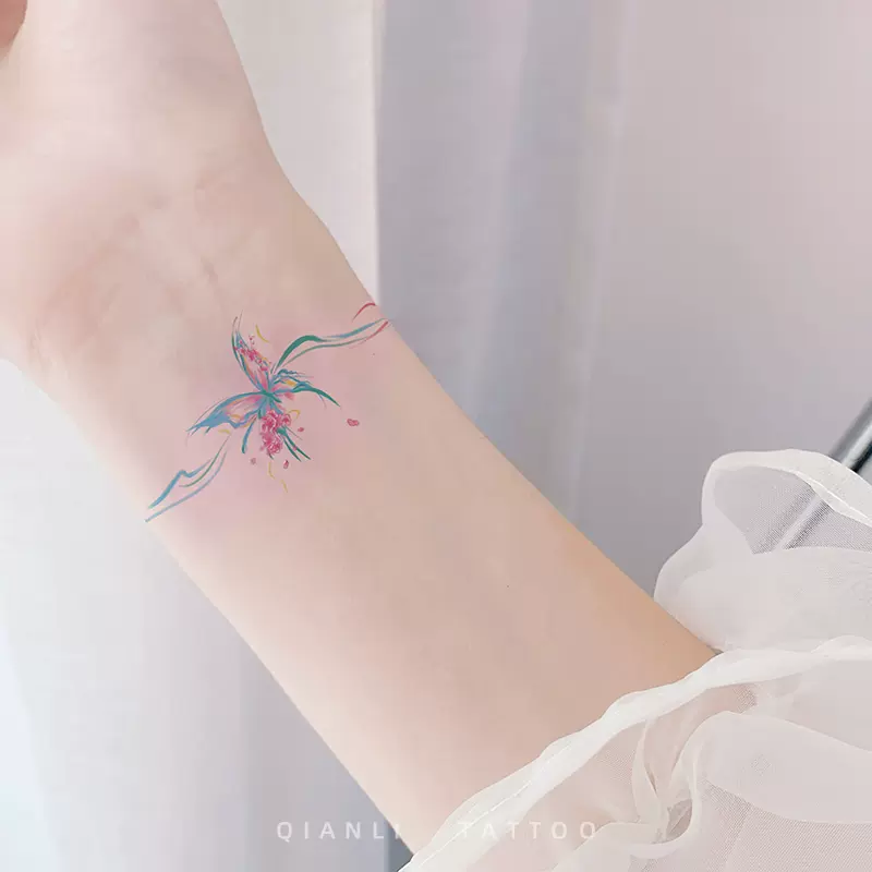 仟鲤 蓝色樱花蝴蝶手环 彩色纹身贴防水女持久卡通儿童手腕锁骨男