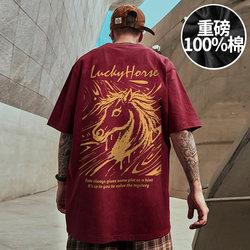 2026 New Chinese Style Year of the Horse Zodiac Year Men's Plus Size Oversized National Trend Heavyweight Short-Sleeve T-Shirt Summer Top
